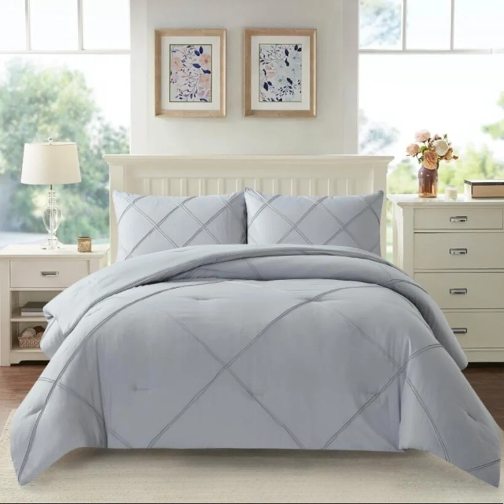 Gray 3 Pieces Soft Boho Comforter Set. Luxury Solid Color Comforter Set